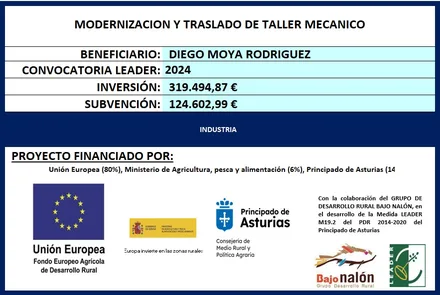 Cartel: Modernización y traslado de taller mecánico. Beneficiario Diego Moya Rodríguez, convocatoria LEADER 2024, inversión 319.494,87 €, subvención 124.602,99 €. Financiado por Unión Europea, Ministerio de Agricultura, Pesca y Alimentación y Principado de Asturias, con la colaboración del GDR Bajo Nalón.