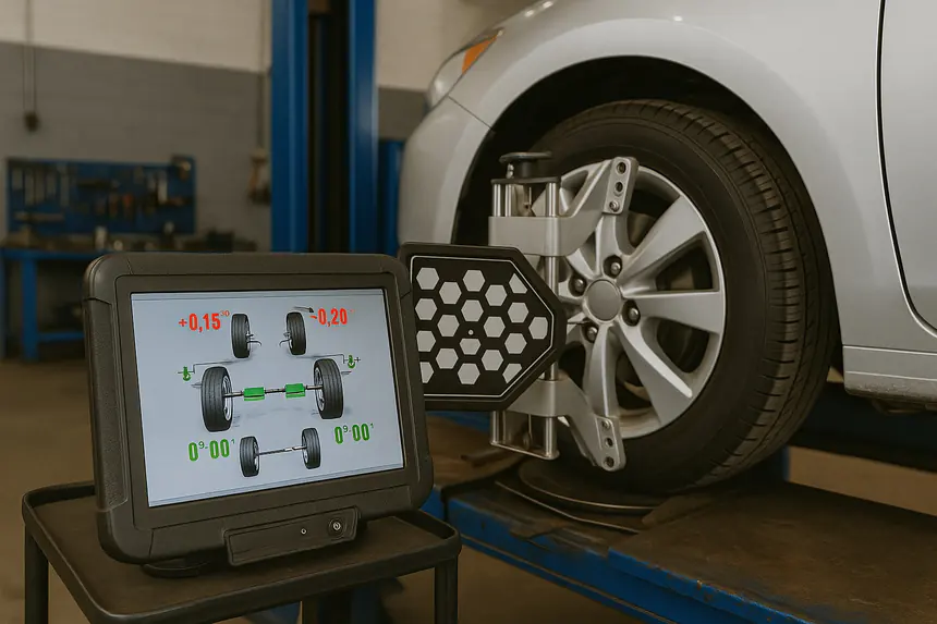 Alineador Bosch 3D mostrando los ángulos de la dirección en pantalla